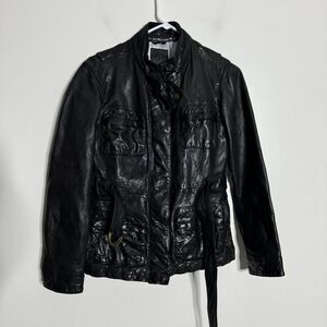 Gap Genuine Leather Jacket‎ XS Mens Solid Black Belted Motorcycle